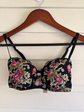 Victorias Secret 32C Dream Angels Black Pink Floral Lace Trim Demi Bra Coquette
